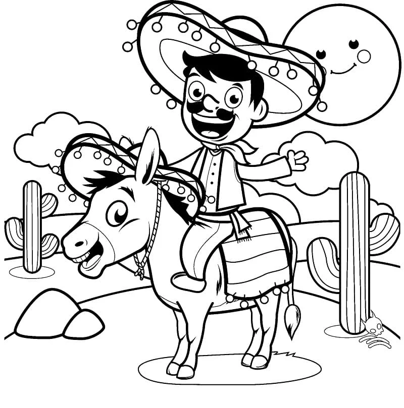 Coloriage Âne portant un homme mexicain avec un sombrero