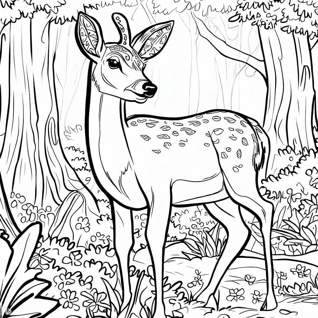 Coloriage Biche debout dans la forêt Coloriage Biche debout dans la forêt