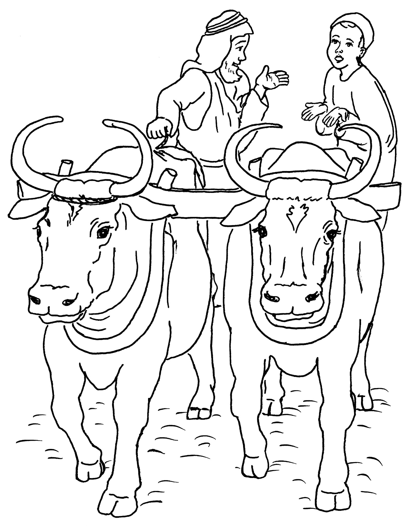 Coloriage Vache attelée à une charrette avec deux hommes Coloriage Vache attelée à une charrette avec deux hommes