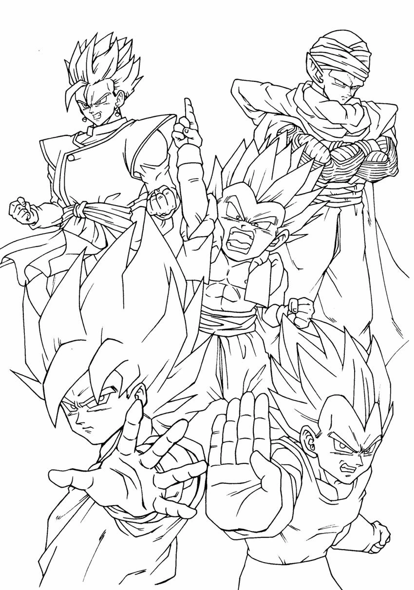 Coloriage Dragon Ball Z groupe de combattants en Super Saiyan