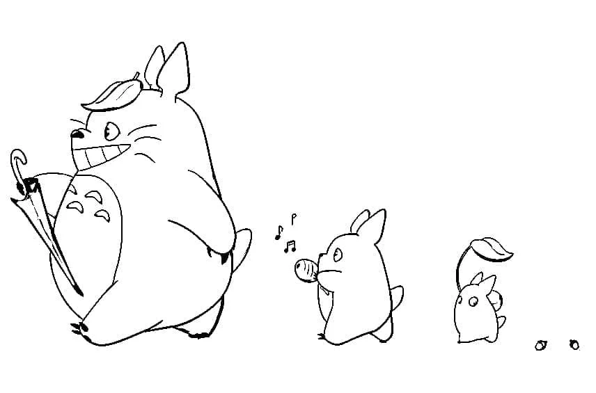 Coloriage Totoro se promenant avec deux petits compagnons
