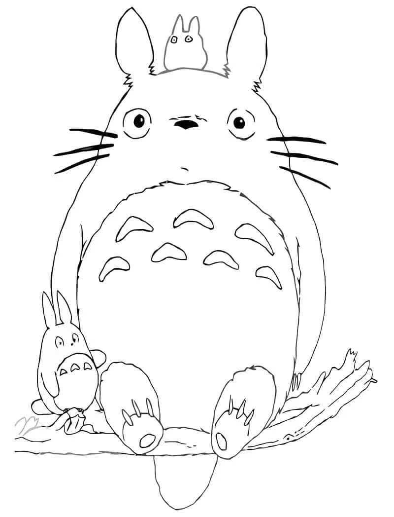Coloriage Totoro assis sur une branche avec un petit compagnon