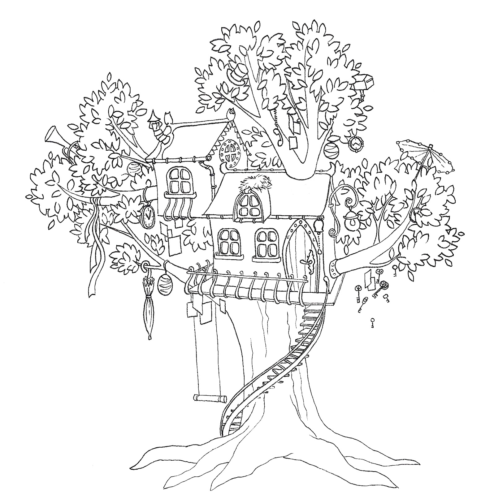 Dessin à colorier: Cabane dans un arbre (Bâtiments et Architecture) #66002 - Coloriages à Imprimer Gratuits