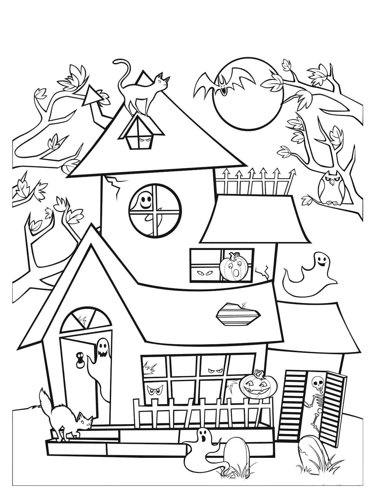 Coloriage Maison hantée avec chat, chauve-souris et fantômes