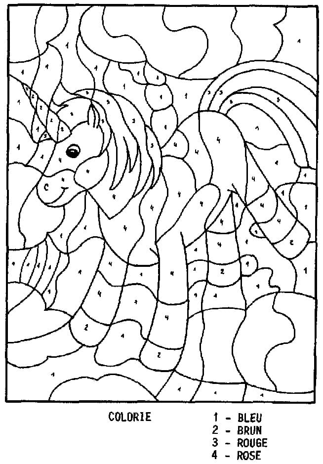 Coloriage Licorne à colorier par numéros dans les nuages