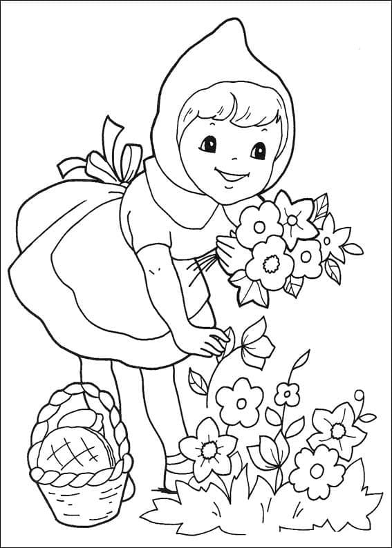 Coloriage Petit Chaperon rouge penchée sur un parterre fleuri