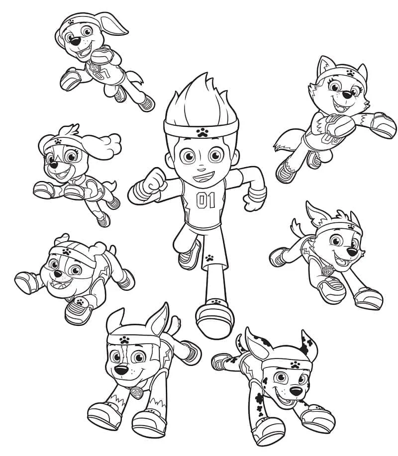Coloriage Pat'Patrouille Ryder et son équipe de chiots en pleine action