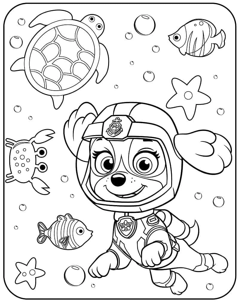 Coloriage Stella qui plonge sous l'eau avec des animaux marins
