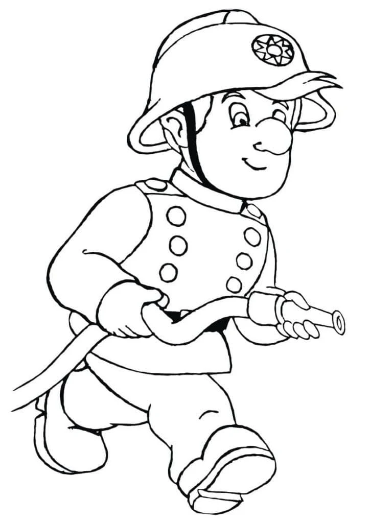 Coloriage Sam le Pompier courant avec un tuyau