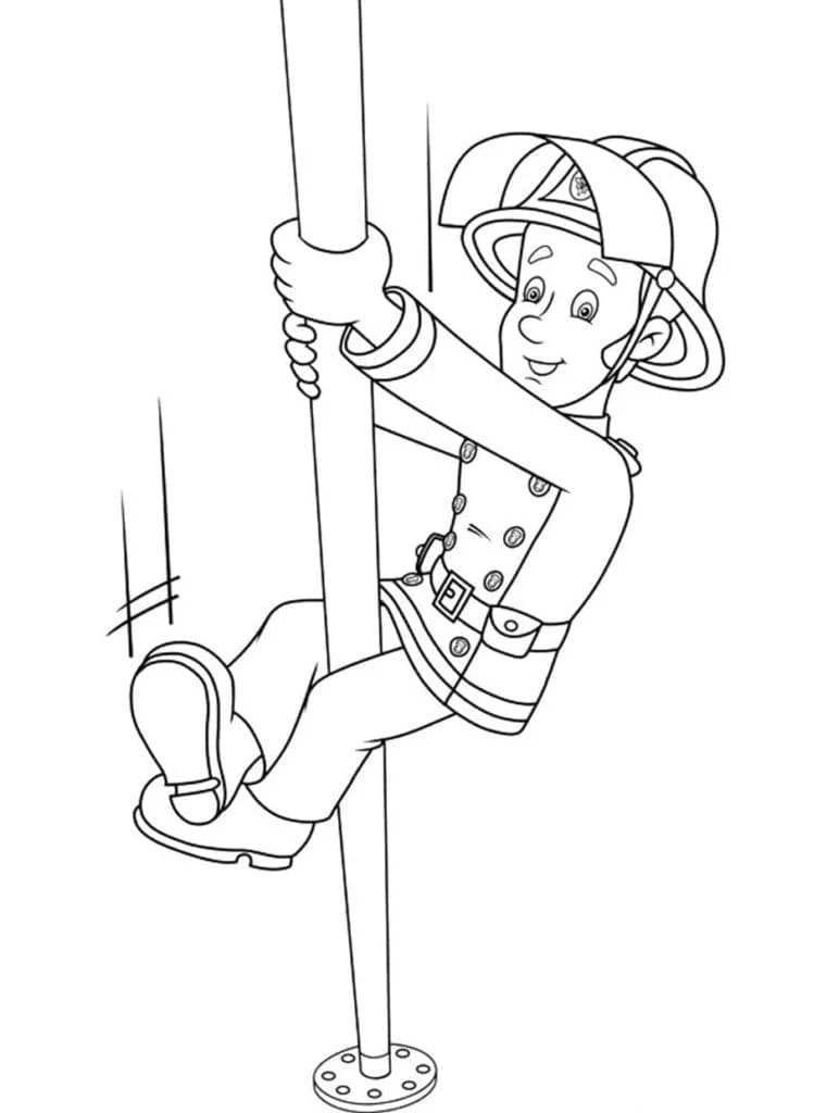 Coloriage Sam le Pompier glissant sur la barre