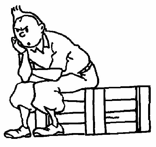 Coloriage Tintin assis pensif sur une caisse