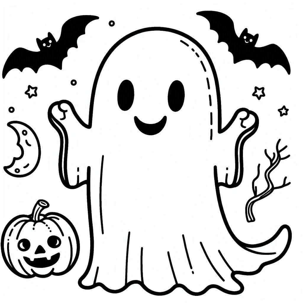 Coloriage Fantôme Halloween avec chauves-souris et citrouille