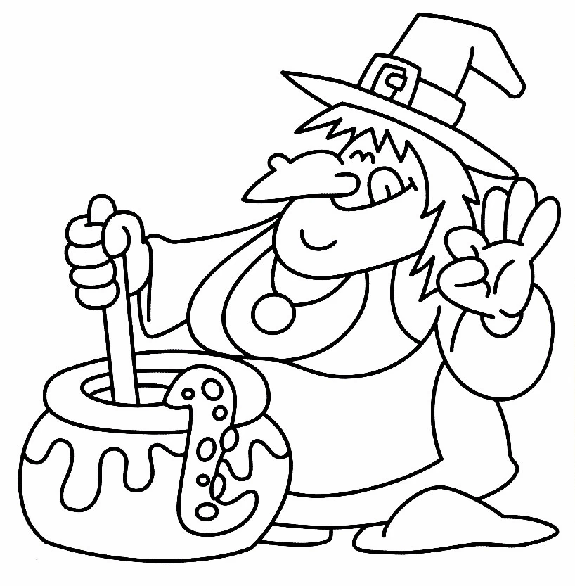 Coloriage Sorcière touillant son chaudron