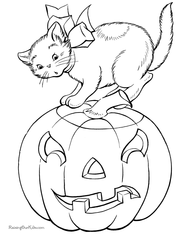 Coloriage Chaton assis sur une citrouille sculptée