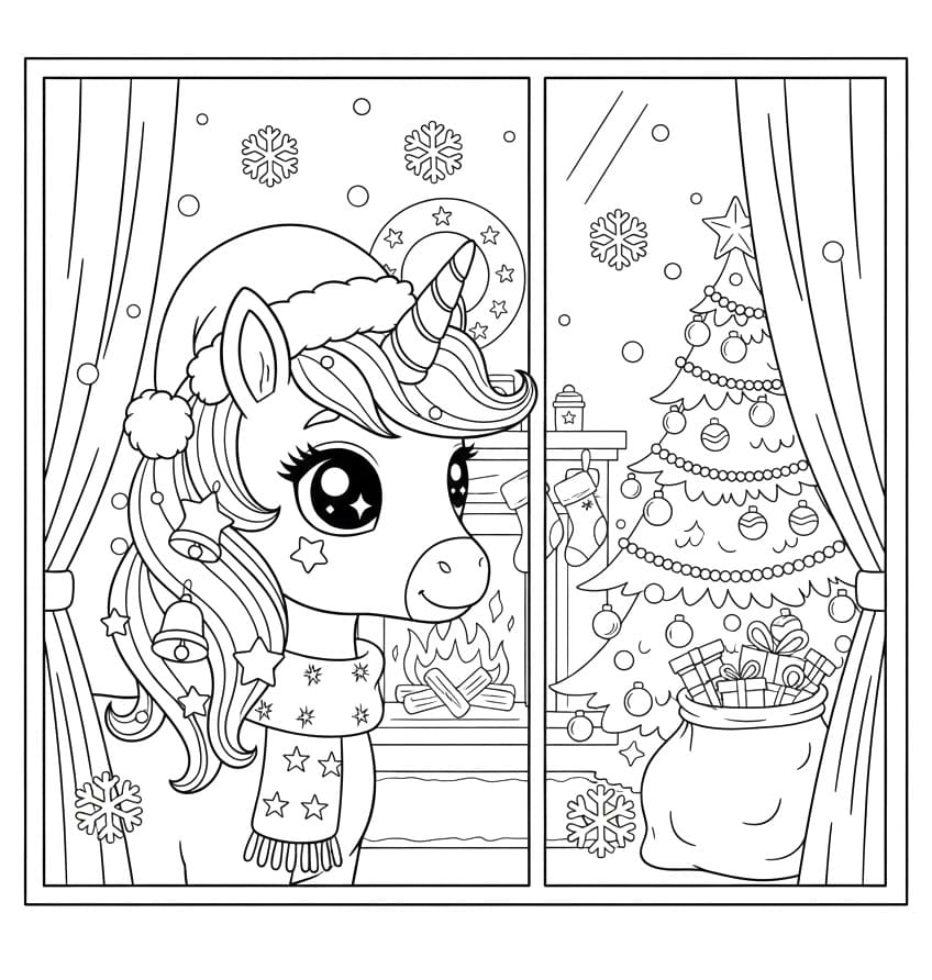 Dessin à colorier Licorne de Noël #222194 issu de la collection Fêtes et Célébrations, prêt à imprimer