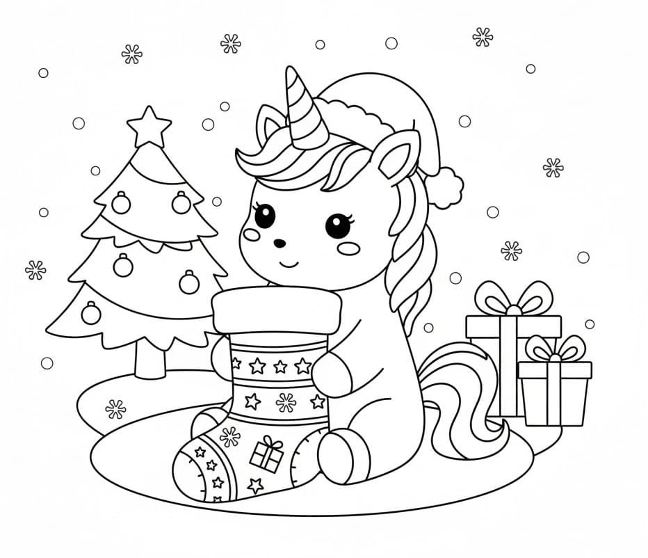 Coloriage gratuit Licorne de Noël #222207 de la collection Fêtes et Célébrations à imprimer