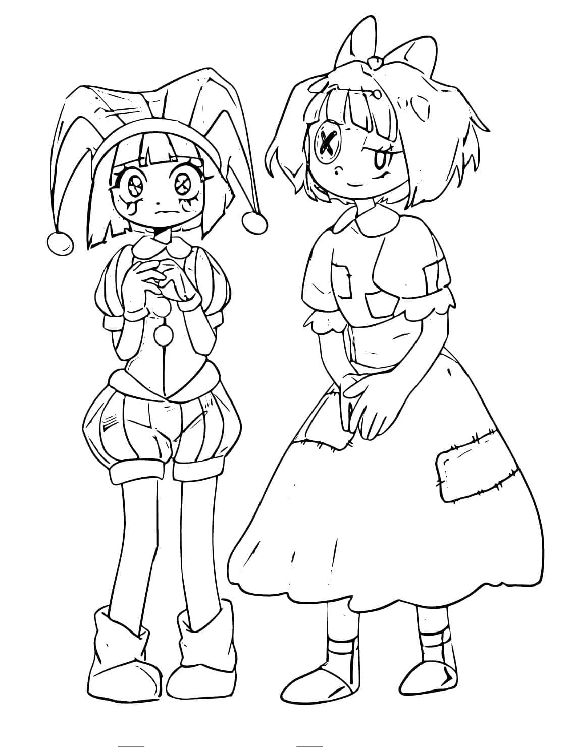 Coloriage Pomni et son amie en robe rapiécée
