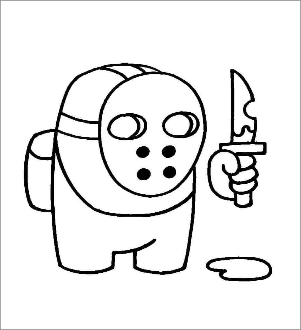 Coloriage Among Us personnage avec masque de Jason et couteau