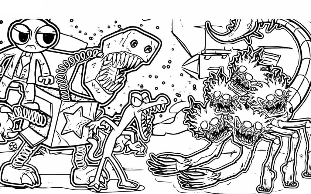 Coloriage Boxy Boo entouré de créatures étranges