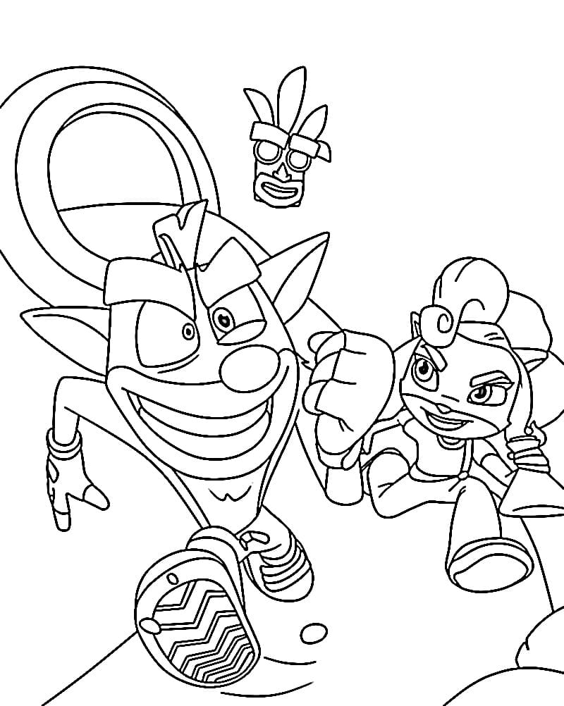 Coloriage Crash Bandicoot en course avec Coco et le masque Aku Aku
