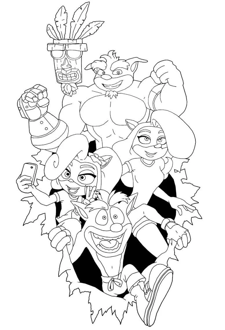 Coloriage Crash Bandicoot et ses amis surgissant d'un mur