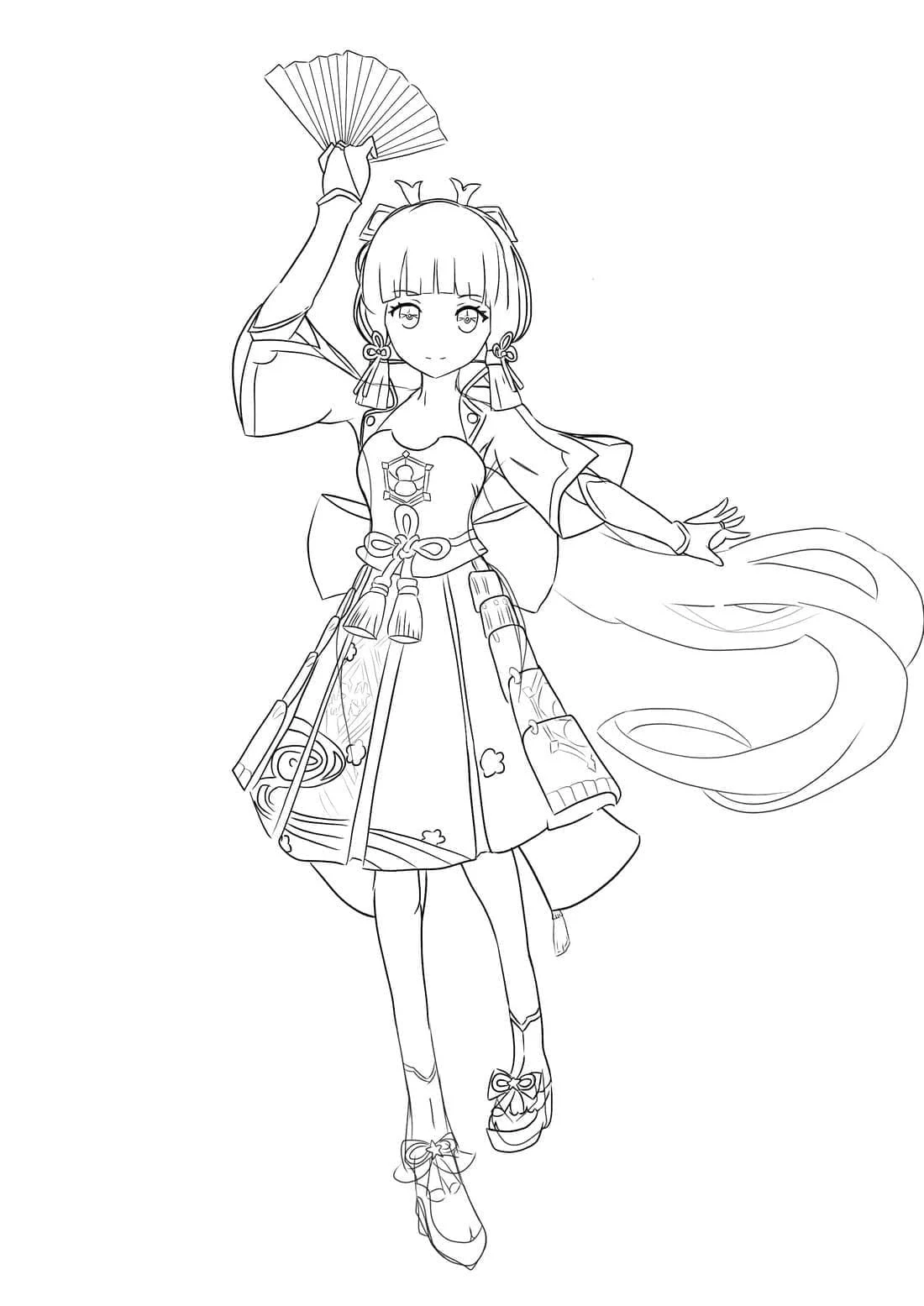 Coloriage Kamisato Ayaka dans une pose élégante avec éventail