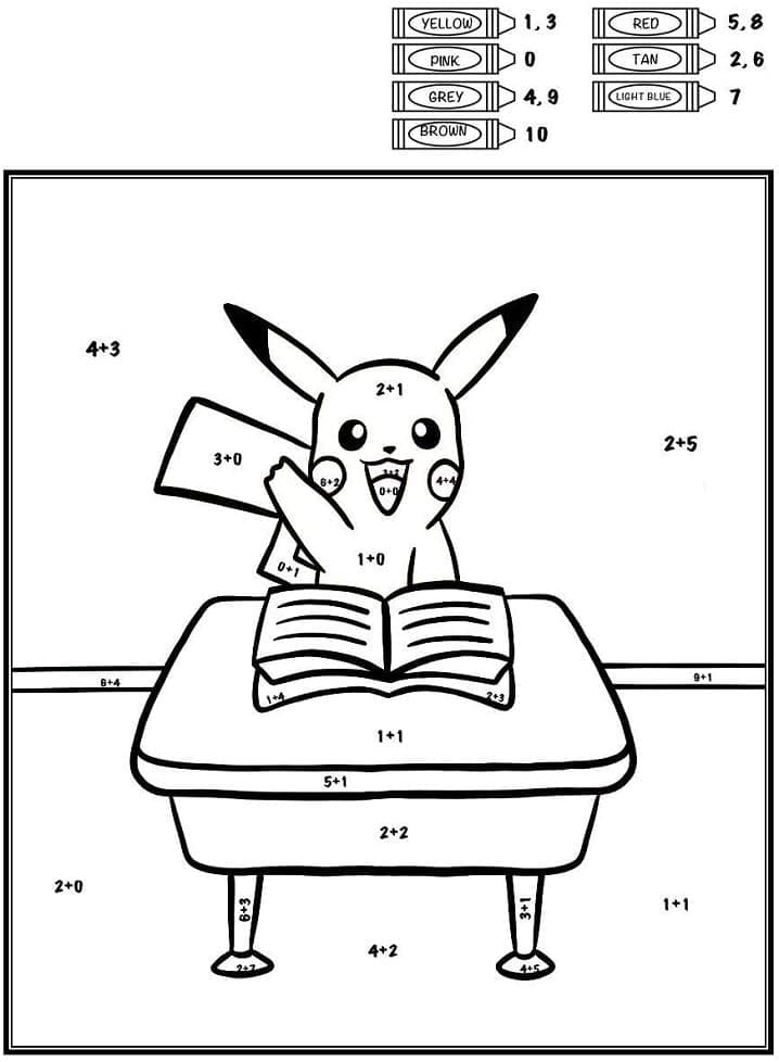 Coloriage Pikachu résout des additions à son bureau