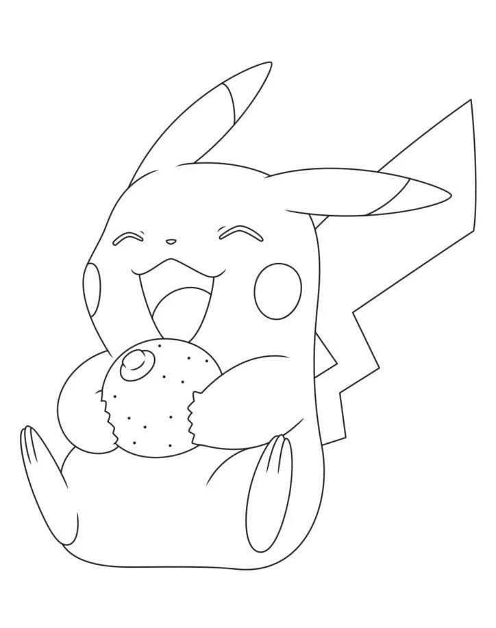 Coloriage Pikachu très heureux en train de manger