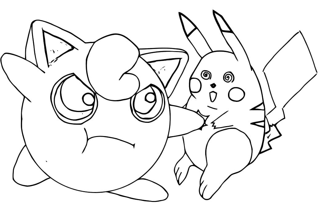 Coloriage Rondoudou tenant Pikachu tout étourdi