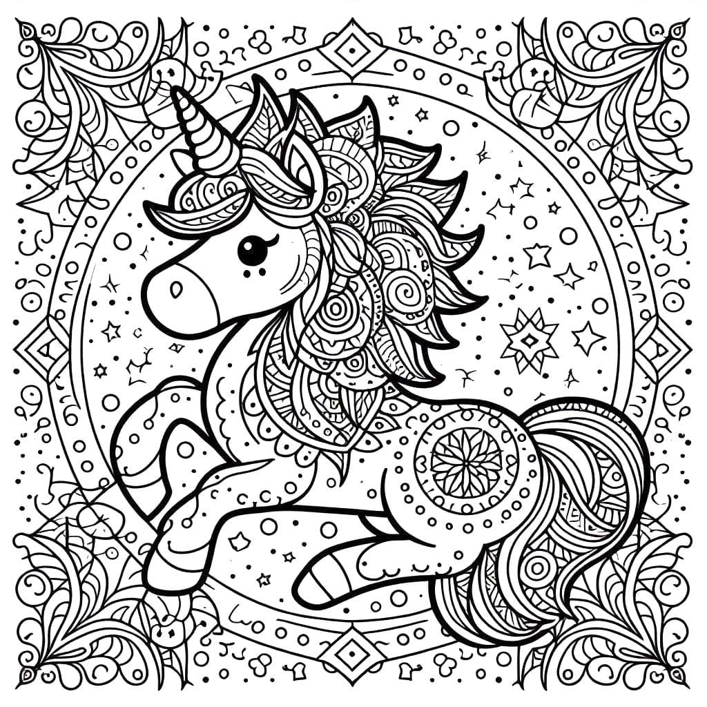 Coloriage Licorne au galop dans un mandala fleuri