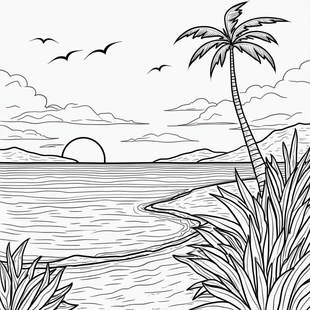Dessin à colorier: Coucher de Soleil (Nature et saisons) #216021 - Coloriages à Imprimer Gratuits