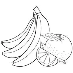 Coloriage Banane en bouquet avec une orange et une tranche