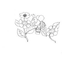 Coloriage Abeille transportant un seau de nectar entre les fleurs