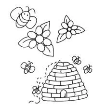 Coloriage Abeille et ruche entourées de fleurs