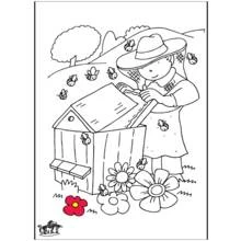 Coloriage Abeille et apiculteur ouvrant une ruche
