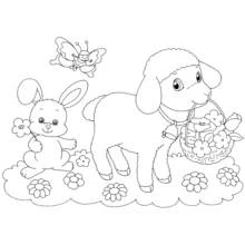 Coloriage Agneau portant un panier de fleurs avec un lapin