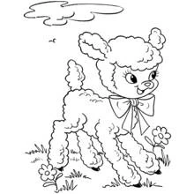 Coloriage Agneau avec un nœud dans un champ fleuri