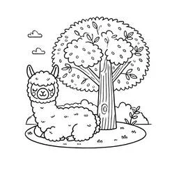Coloriage Alpaga allongé sous un arbre