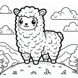 Coloriage Alpaga debout sur une colline herbeuse