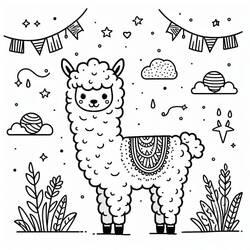 Coloriage Alpaga debout sous des guirlandes et des étoiles