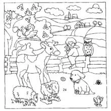 Coloriage Animaux de ferme réunis près d'une barrière en bois