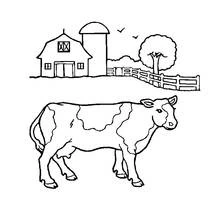 Coloriage Vache devant une grange de ferme