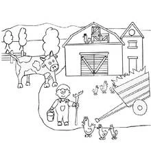 Coloriage Scène de ferme avec vache, poules et fermier