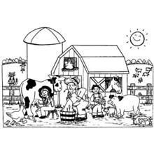 Coloriage Scène de ferme avec grange, animaux et fermiers
