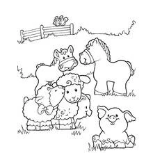 Coloriage Animaux de ferme réunis près d'une clôture