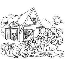 Coloriage Ferme avec grange, oies et personnages