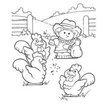 Coloriage Petit fermier nourrissant les poules