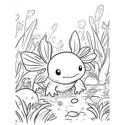 Coloriage Axolotl nageant parmi les plantes aquatiques