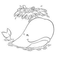 Coloriage Baleine projetant de l'eau avec Donald au sommet