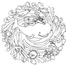 Coloriage Mandala baleine avec plongeur et animaux marins